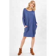 Peraluna Indigo Renk 3/4 Kol Balon Kadın Triko Elbise