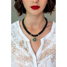 Siyah Oniks Kolye  Doğal Taş Kolye Pusula Kolye  Oniks Doğal Taş Kolye