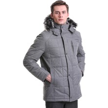 Hatemoğlu Gri Slim Fit Hakim Yaka Kürklü Kapüşonlu Kaban