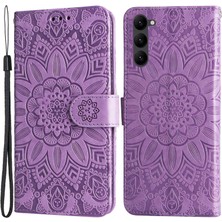 Seashell Digital Samsung Galaxy S23 Için Anti-Çizelge Pu Deri Ayçiçeği Baskılı Stand Telefon Kılıfı Manyetik Kapak El Strap-Purple ile (Yurt Dışından)