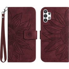 Seashell Digital Samsung Galaxy A32 4g (Ab Versiyonu) HT04 Cilt Touch Pu Deri Tam Koruma Cüzdan Kılıfı Baskılı Ayçiçeği Ayarlanabilir Stand Kapağı El Strap-Wine Red ile (Yurt Dışından)