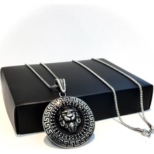 TMT Silver Gümüş Aslan Kafası Kabartmalı Siyah Zirkon Taşlı Erkek Kolye