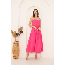 Darlin Moda Fuşya Ince Askılı Katlı Elbise DM1034