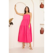 Darlin Moda Fuşya Ince Askılı Katlı Elbise DM1034