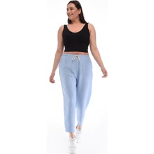 Kadın Büyük Beden Sentetik Keten Yüksek Bel Lastikli Dar Paça Mom Pantolon C611