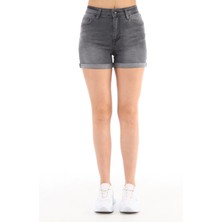 Kadın New York Gri Yüksek Bel Duble Paça Kot Şort Klasik Mini Jean Şort C604
