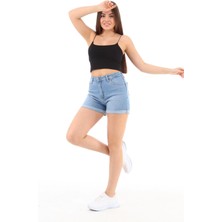 Kadın Kiev Mavi Yüksek Bel Duble Paça Kot Şort Klasik Mini Jean Şort C604