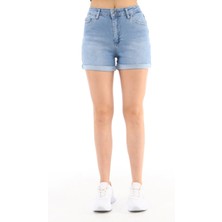 Kadın Kiev Mavi Yüksek Bel Duble Paça Kot Şort Klasik Mini Jean Şort C604