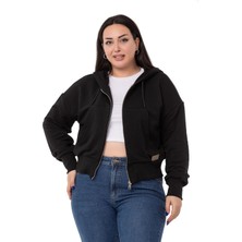 Disentis Modest Büyük Beden Kanguru Cepli Kapüşonlu Üç Iplik Siyah Sweatshirt