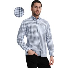 Varetta Erkek Mavi Lacivert Uzun Kollu Kareli Klasik Kesim Cepli Yaka Düğmeli Gömlek