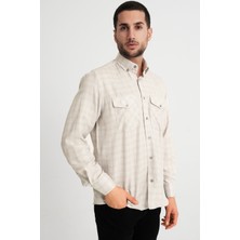 Varetta Erkek Krem Kapaklı Çift Cepli Uzun Kollu Kareli Keten Efektli Gömlek