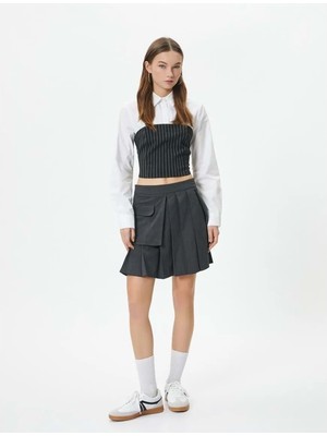 Koton Crop Gömlek Uzun Kollu Straplez Korse Detaylı Slim Fit - Koton - 4SAL60092IW - Siyah Çizgili - 40