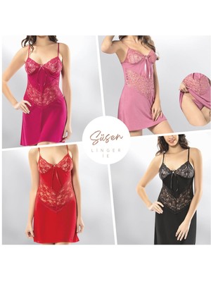 Süsen Lingerie 2 Parça Gül Kurusu Renk Ip Askılı Dantelli Fantezi Kadın Gecelik Seti