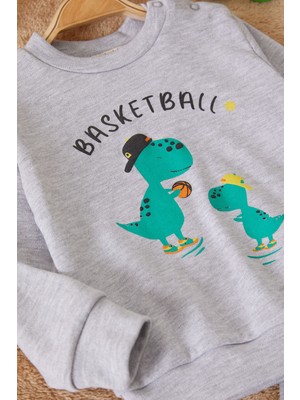 Damla Bebe Gri Dinozor Baskılı Basketball Yazılı Erkek Bebek Takım 17542