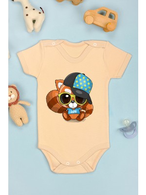 Bebe Tospik Pamuklu Şapkalı Tilki Baskılı Kısa Kollu Çıtçıt Body Zıbın