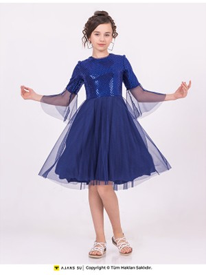 Ramon & Artos Kız Çocuk Mezuniyet Elbisesi Tüllü Kısakol Pul Detaylı Günlük Stil Beyaz