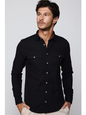Tudors Erkek Slim Fit Dar Kesim %100 Pamuk Keten Doku Çift Cep Spor Yaka Siyah Gömlek