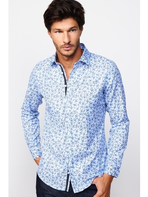 Tudors Slim Fit Dar Kesim Baskılı Oxford Doku Erkek Gömlek