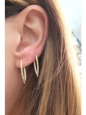 Ose Shop  925AYAR Gümüş Üzerine Altın Kaplama Zirkon Taş Detaylı Italyan Özel Mekik Halka Küpe