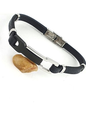 Ose Shop  316L Siyah Rodajli Çelik Detaylı Siyah Derili Erkek Bileklik