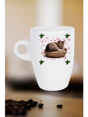 Caisya Yeni Yıl Uykucu Kedi Baskılı Kupa Bardak Porselen Latte Filtre Kahve Fincanı