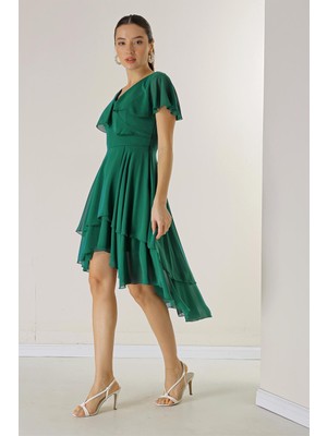 By Saygı Önü Kısa Arkası Uzun Astarlı Volanlı Katlı Şifon Elbise