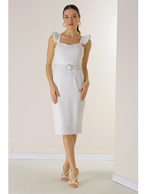 By Saygı Askıları Fırfırlı Glop Detaylı Astarllı Beli Kemerli Krep Elbise