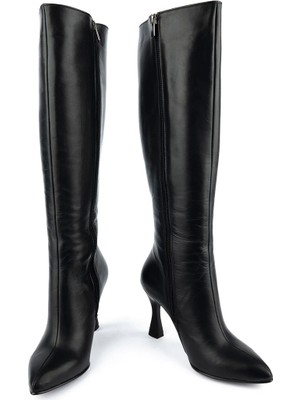 Emel Ayakkabı Modern Rahat Sivri Stiletto Deri Çizme Siyah 14201
