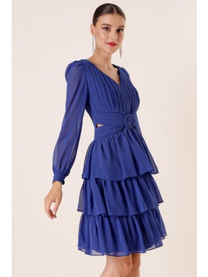 Saygı Giyim Şifon Gloplu Bel ve Sırt Dekolteli Kat Kat Elbise