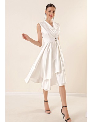 Saygı Giyim Kruvaze Yaka Bağcıklı Saten Elbise