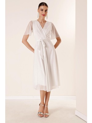 Saygı Giyim Kruvaze Yaka Beli Kuşaklı Astarlı Simli Tül Elbise