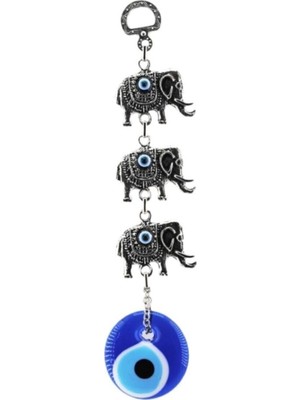 Depposite Cam Nazar Boncuklu Metal Duvar Süsü Üçlü Fil Figürü Kapı Süsü 20x4 Cm