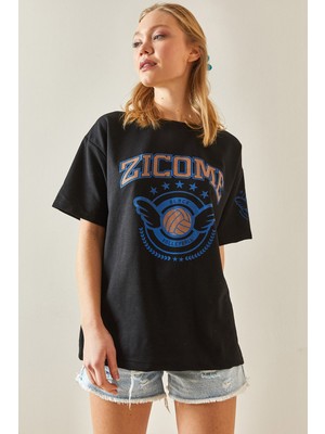 Xhan Siyah Bisiklet Yaka Yazılı Oversize T-Shirt 4KXK1-47923-02