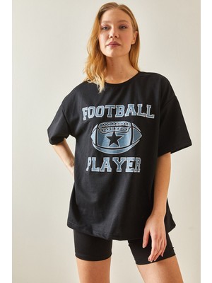 Xhan Siyah Bisiklet Yaka Önü Baskılı Oversize T-Shirt 4KXK1-47927-02