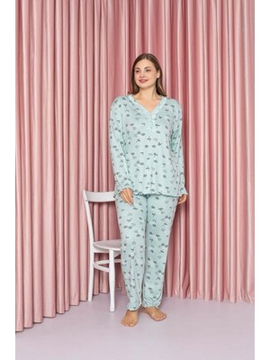 Meri Merimu Kadın Büyük Beden Bambu Uzun Kollu Çiçek Desenli Pijama Takımı