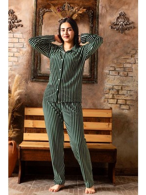 Meri Merimu Kadın Kadife Gömlek Yakalı Çizgili Uzun Kollu  Pijama Takımı