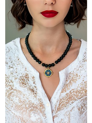 Siyah Oniks Kolye  Doğal Taş Kolye Pusula Kolye  Oniks Doğal Taş Kolye