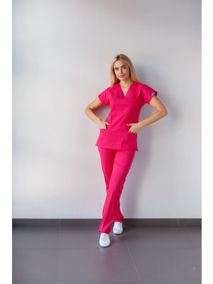 Dr. Mitra Kadın Likralı Yarasa Kol Hemşire Doktor Takım Fuşya