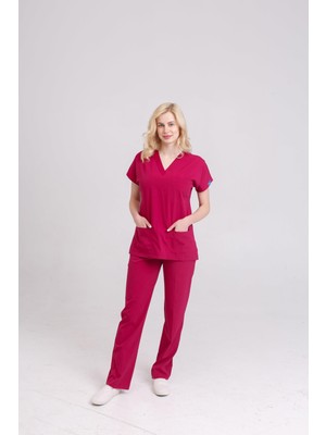 Dr. Mitra Kadın Likralı Yarasa Kol Hemşire Doktor Takım Vişne Rengi