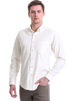 Hatemoğlu Bej Slim Fit Düz 100% Pamuklu Düğmeli Yaka Uzun Kollu Klasik Gömlek