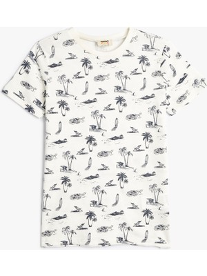 Koton Tişört Tropik Baskılı Kısa Kollu Bisiklet Yaka Pamuklu