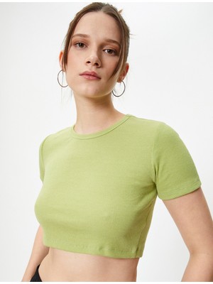 Koton Basic Crop Tişört Ribanalı Kısa Kollu Bisiklet Yaka Slim Fit