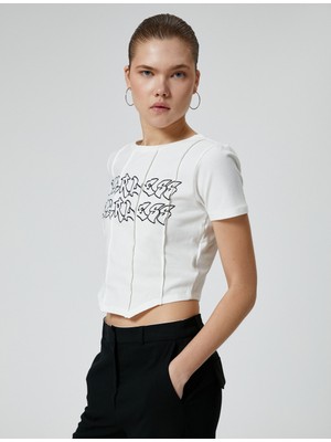 Koton Crop Tişört Asimetrik Kesim Baskılı Kısa Kollu Bisiklet Yaka Pamuklu