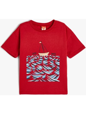 Koton Tişört Kısa Yaz Temalı Kollu Bisiklet Yaka Pamuklu