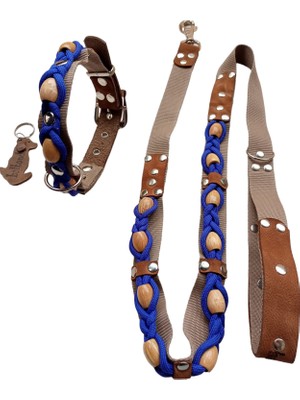 Balkonda Köpek gezdirme kayışı boyun tasmalı takım kolon deri toprak rengi taba saks mavi boyun ölçüsü:L.36-45cm gezdirme kayışı:120cm dog collar TB5-20