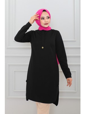 Moda Ebva Yanlardan Düğme Detaylı Tesettür TUNIK-3145 Siyah