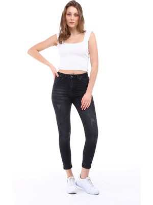 Cedy Denim Kadın Hafif Likralı Skinny Fit Paça Detaylı Pantalon Afrodit Antrasit