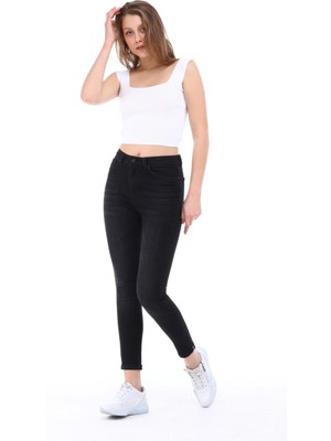 Cedy Denim Kadın Hafif Likralı Skinny Fit Paça Detaylı Pantalon Felicia Siyah