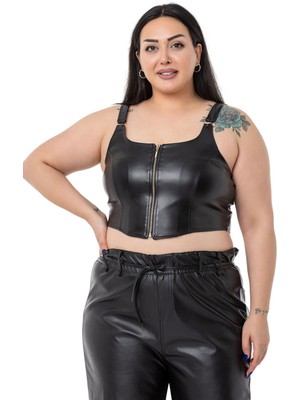 Disentis Modest Büyük Beden Fermuar Detaylı Deri Siyah Büstiyer