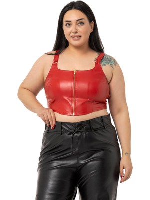 Disentis Modest Büyük Beden Fermuar Detaylı Deri Kırmızı Büstiyer